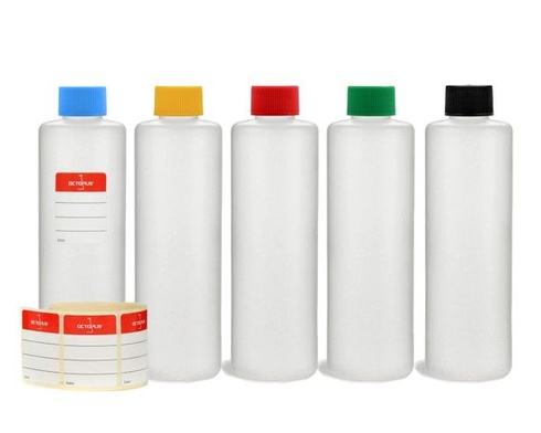 Chobotnica 5 okrúhlych fľaštičiek s objemom 250 ml so skrutkovacím uzáverom, rôzne farby