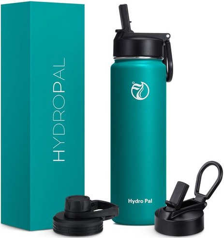 HydroPal nerezová izolovaná láhev na pití s brčkem a 2 víčky, 750 ml, eukalyptově zelená –
