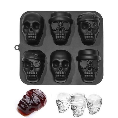 Silikonová 3D forma pirátská lebka, 6 přihrádek na halloweenskou párty, černá