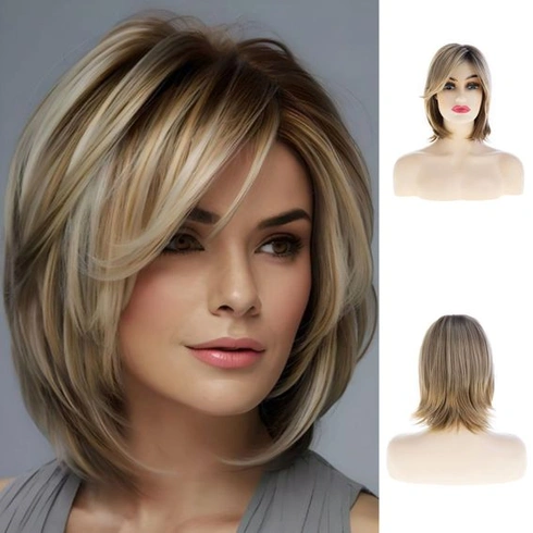 Krátká hnědo-blond paruka pro ženy, rovná, tepelně odolná syntetická paruka pro každodenní použití