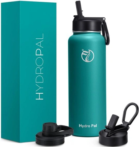 HydroPal nerezová izolovaná láhev, láhev na pití s brčkem a 2 víčky, 500 ml, eukalyptově zelená –