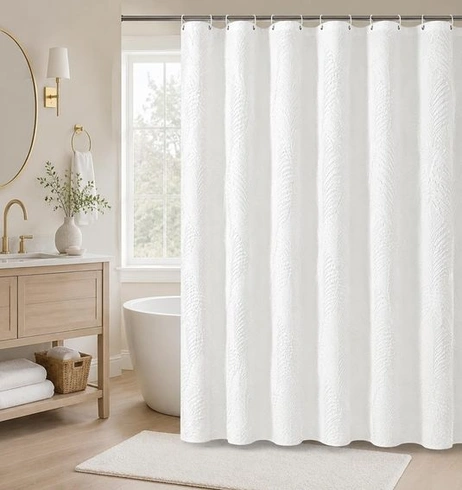 Luxusní sprchový závěs 180x180 cm bílý, vyrobený ze 100% bavlny, žakárový vzor s motivem listů,