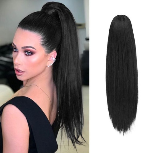 BARSDAR Dlouhý rovný culík, 40cm černý culík, syntetický, clip-in, culík, prodloužení vlasů,