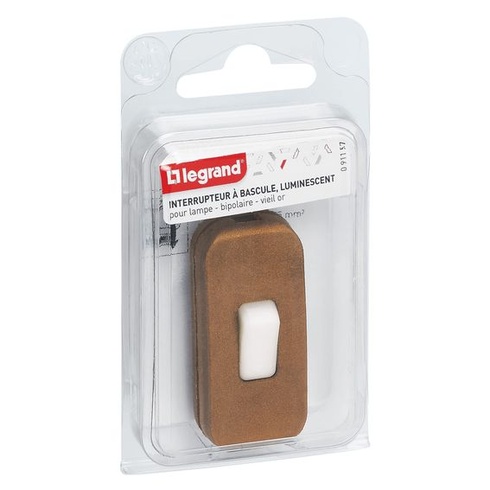 LEGRAND, prepínač pre lampy, dvojpólový, s luminiscenčným tlačidlom, 2A, 250V, farba: starozlatá,