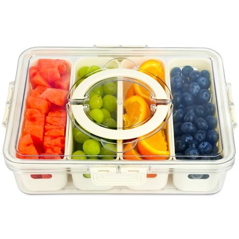 OSDUE Svačinový box, Svačinový box se 4 přihrádkami, Tác na svačinu s víkem a rukojetí, Průhledné