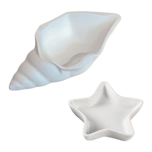 AHANDMAKER 2 kusy 2 štýly keramická tácka na šperky s mušľami a hviezdicami, biely držiak na šperky,