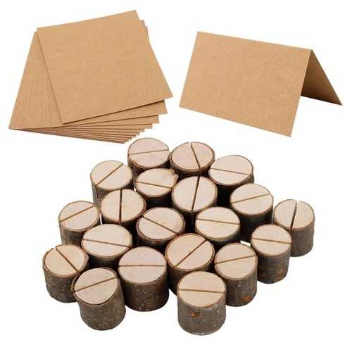 80 dřevěných držáků na jmenovky s 80 kartami, 3,7 x 3,1 cm, dřevěné držáky na karty s kraftovým