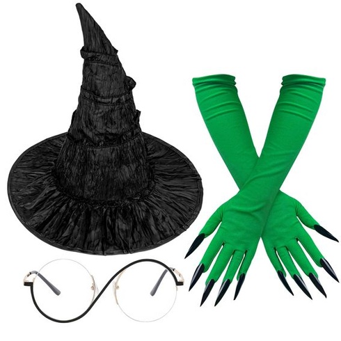 Kostým Horolam Elphaba, doplnky ku kostýmu zlej čarodejnice, čierny čarodejnícky klobúk s okuliarmi,