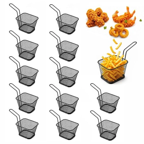 12 mini fritovacích košíkov, servírovacie košíky z nerezovej ocele, čierne