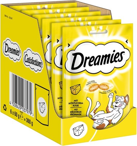 Mačacie maškrty Dreamies s príchuťou syra, balenie 6 kusov, 6 x 60 g – Chrumkavé zvonku a krémové vo vnútri.