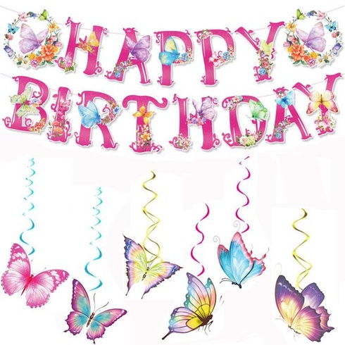 Narozeninové dekorace s motýly, 6 závěsných motýlích spirál a 1 girlanda s nápisem 