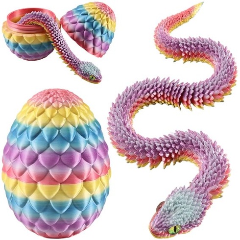 Joycabin 3D tlačený had s 13cm vajcom, hračka fidget, farebná - dúhová stredná (vajcia: 13cm)