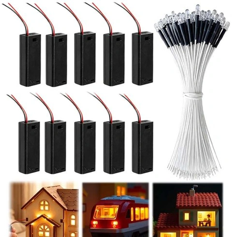 20 kusů 3mm mini LED světel do domečků pro panenky a 10 držáků na AAA baterie