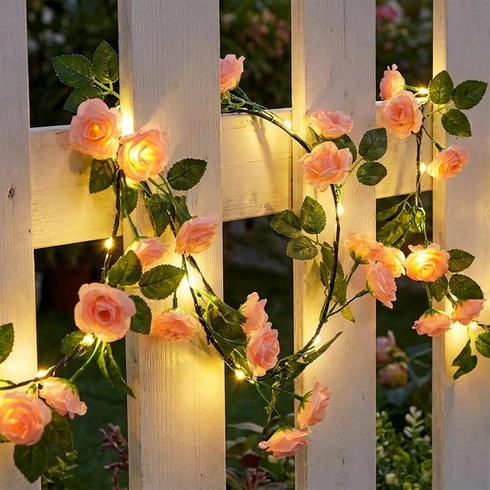 Qoosea umělé květinové řetězové světelné řetězy, 1,8 m 40 LED umělé růžové řetězové řetězy, na