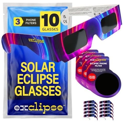 Okuliare Exclipse na zatmenie Slnka – certifikácia ISO 12312-2 a CE a UKCA, bezpečné pozorovanie