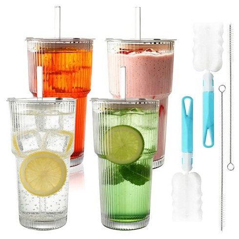 Rebrované sklenené poháre, sada 4 kusov, poháre na long drink, sklenené poháre s viečkami a