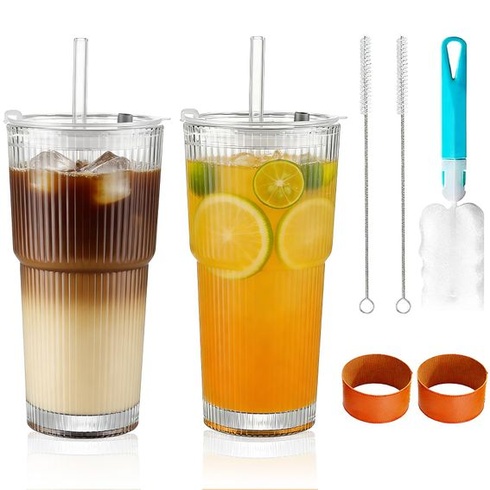 2 x 600ml sklenice na pití s víčky a brčky, sklenice na ledovou kávu, 2 ks - 600ml