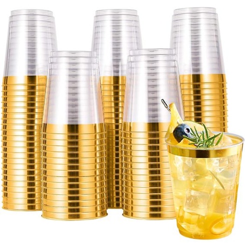 50 kusov tvrdých plastových kelímkov so zlatým okrajom, plastové párty kelímky s objemom 300 ml/10 oz,