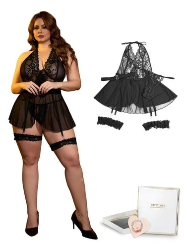 Dámská noční košilka Babydoll s krajkou a 4 ramínky, velikost XL, černá