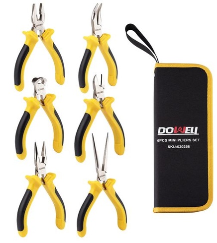 Sada mini klieští DOWELL, 6dielna, s ihlovým hrotom, diagonálnymi dlhými čeľusťami, zahnutými