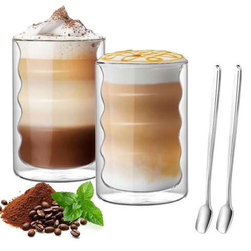 Súprava bublinkových pohárov na Latte Macchiato, 2 x 400ml dvojstenné bublinkové poháre na kávu s 2
