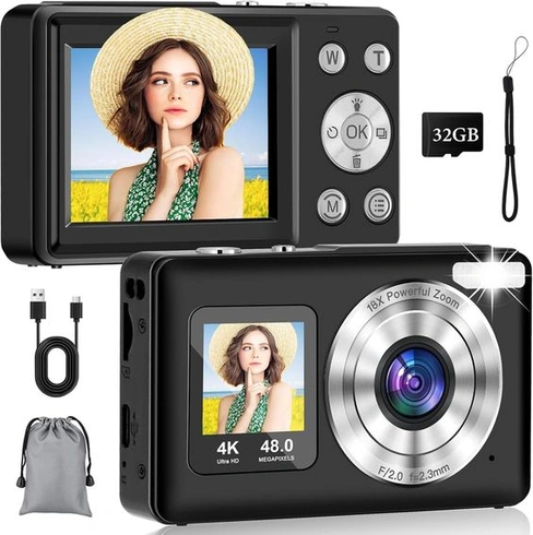 4K digitální fotoaparát 【2 displeje】 - 64 GB, 48 MP, Ultra HD, automatické ostření, kompaktní