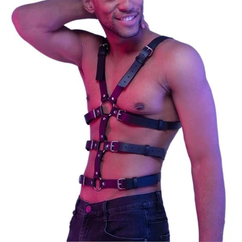 Pánsky kožený postroj na sexy telo a hrudník, bondage set