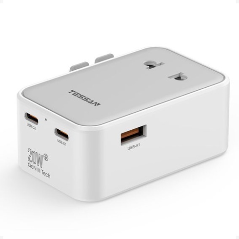 TESSAN Cestovný adaptér Worldwide PD 20W, Univerzálny cestovný adaptér, Sivý, 3 USB (2 USB C) - 20W