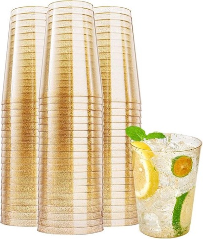 CYH 50 balení opakovaně použitelných plastových kelímků se zlatými třpytkami, 300ml průhledné párty