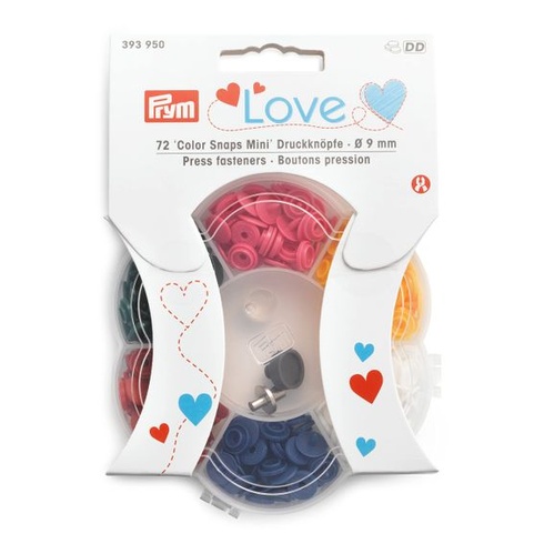 Prym Love 393950 Farebné patentky Mini - 72 farebných patentiek s nástrojom, 9 mm, 6 farieb v úložnom