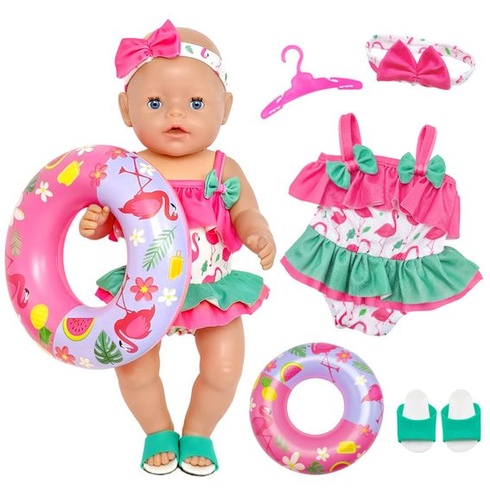 Oblečenie pre bábiky 36-43 cm, letná plavecká sada s čelenkou, plavecký kruh, topánky, ramienko,