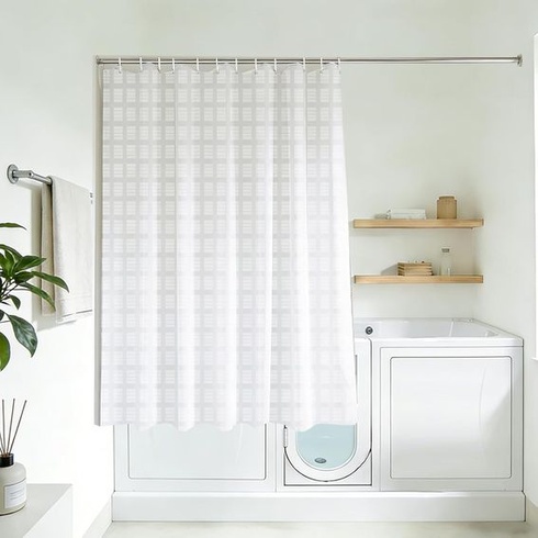 YISURE Sprchový záves, výška 150 cm, biely, geometrický vzor, ​​krátky sprchový záves s kovovými