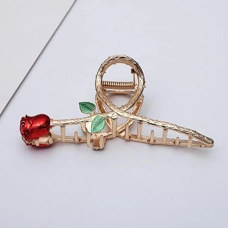Elegantní kovové sponky do vlasů s červenou růží, velké sponky se žraločím vzorem, protiskluzové