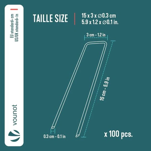 VOUNOT® Sada 100 ks pozinkovaných kovových zemních kotev, zemní kotvy ve tvaru U 150 × 30 mm, Ø 3