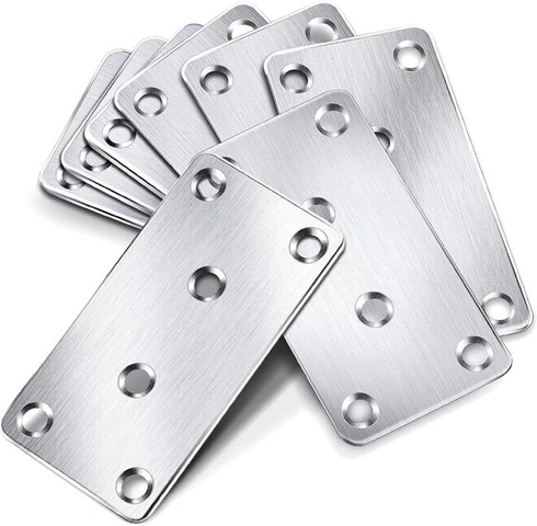 10 plochých spojek, nerezová ocel, 80×40×1,75 mm, perforovaný plech, dřevěný spoj, kovová plochá