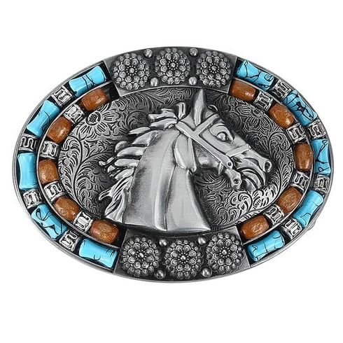 GORGECRAFT Oválná přezka na opasek s nordickou vikingskou koňskou hlavou 101x74mm starožitné