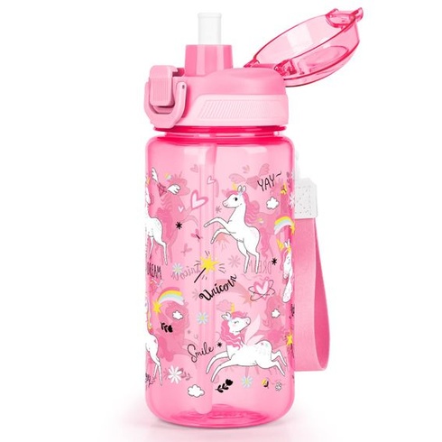 Dětská láhev na pití s brčkem, 600 ml, sportovní láhev na vodu, nepropustná, s popruhem na nošení