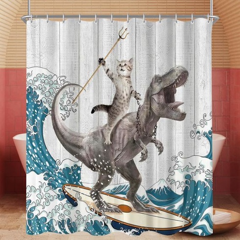 Sprchový záves Lerores 180x200 cm s motívom mačiek a dinosaurov, spevnený lem, proti plesniam,