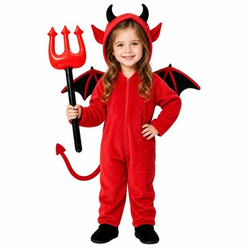 Kostým ďábla s kapucí, křídly a ocasem, démonické oblečení na Halloween, karneval, dětský kostým
