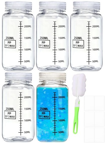 5 x 250ml fliaš so širokým hrdlom a stupnicou, plastové laboratórne fľaše na plnenie, nepriepustné,