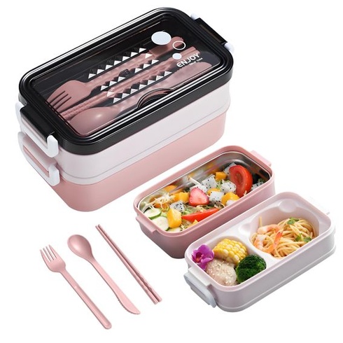 Svačinový box se 3 přihrádkami, 1400 ml, bento box, vhodný do mikrovlnné trouby a myčky nádobí,