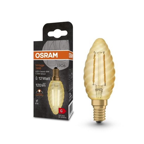 LED žiarovka Osram Vintage 1906 Classic BW FIL, E14, tvar skrútenej sviečky, zlatá, 1,5 W, 120lm,