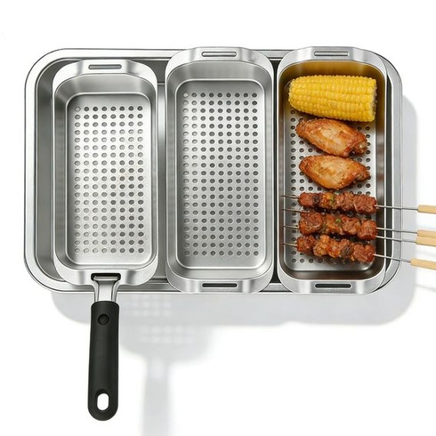 Sada grilovacích košů z nerezové oceli, 3 grilovací koše s otvory, grilovací pánve BBQ pro plynové