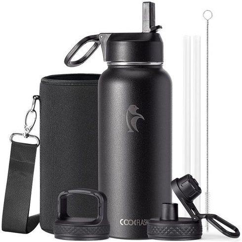 Coolflask Izolovaná nerezová láhev na vodu 946 ml s brčkem, 3 víčka Magic Black 946 ml