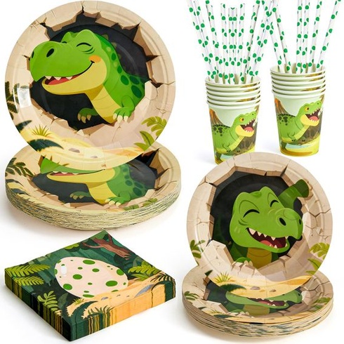 Sada nádobí s dinosaury pro dětské narozeninové oslavy, papírové talíře, ubrousky, hrnky, brčka,
