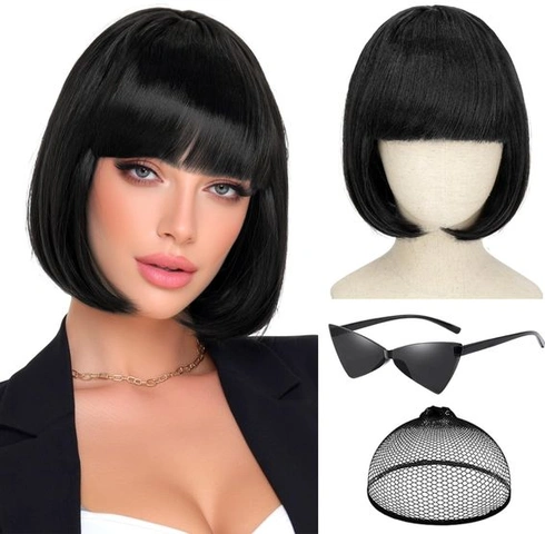 Paruka Sofiyan Bob se slunečními brýlemi, paruka pro cosplay párty s ofinou, černá
