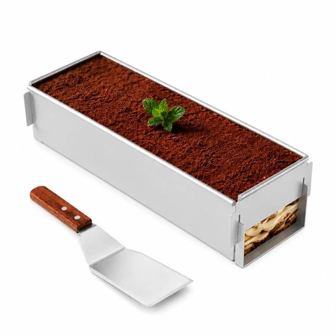 Nastaviteľná nerezová misa na tiramise 41,7 × 10 × 6 cm s servírovacou táckou na tortu, 1 kus