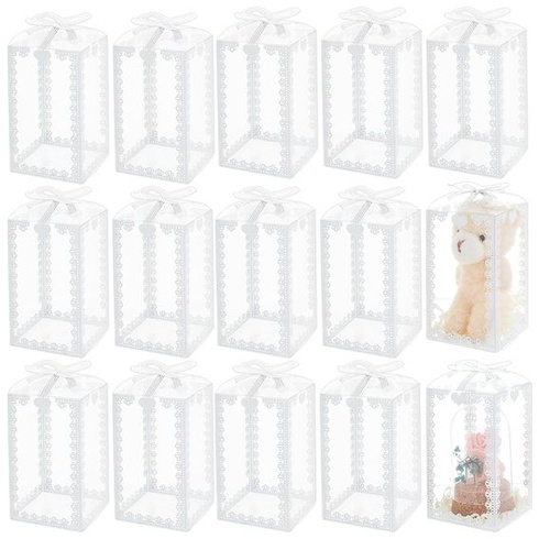 BENECREAT 50 kusov 6x6x10,5 cm priehľadné PVC darčekové krabičky obdĺžnikové so stužkovým vzorom na