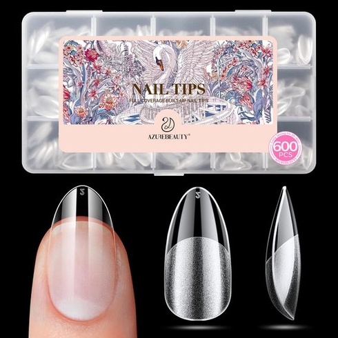 AZUREBEAUTY Krátké mandlové tipy na nehty, 600 kusů, 15 velikostí, měkké gelové nalepovací nehty s