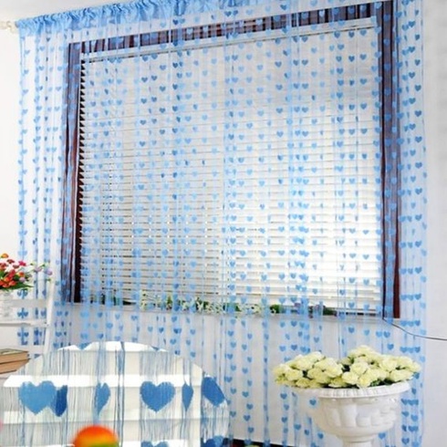 UOOOM Záclona na dvere 100x200 cm so vzorom srdca, strapcom, okenný záves, svetlo modrá